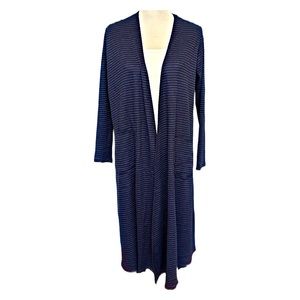 LuLaRoe Sarah Size M Navy Blue Olive Stripes Cardigan Sweater Long Duster
